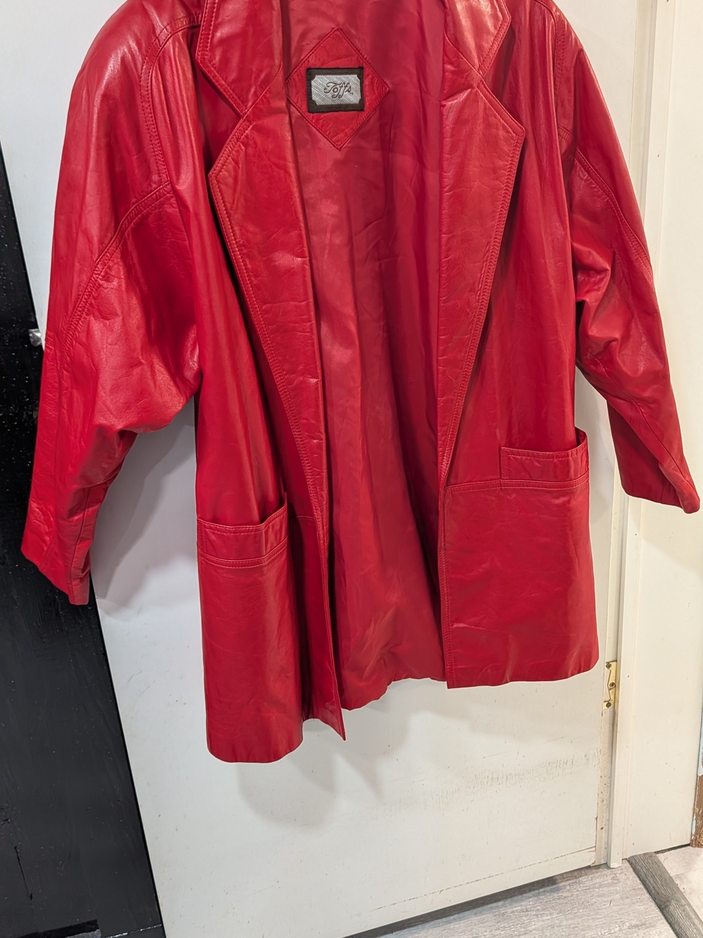 Women's Red Leather Jacket with Pockets